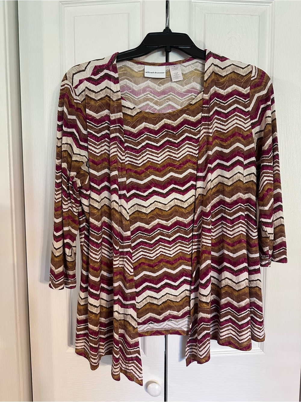 Alfred Dunner Women's Chevron Print Open Cardigan - Burgundy/Cream M